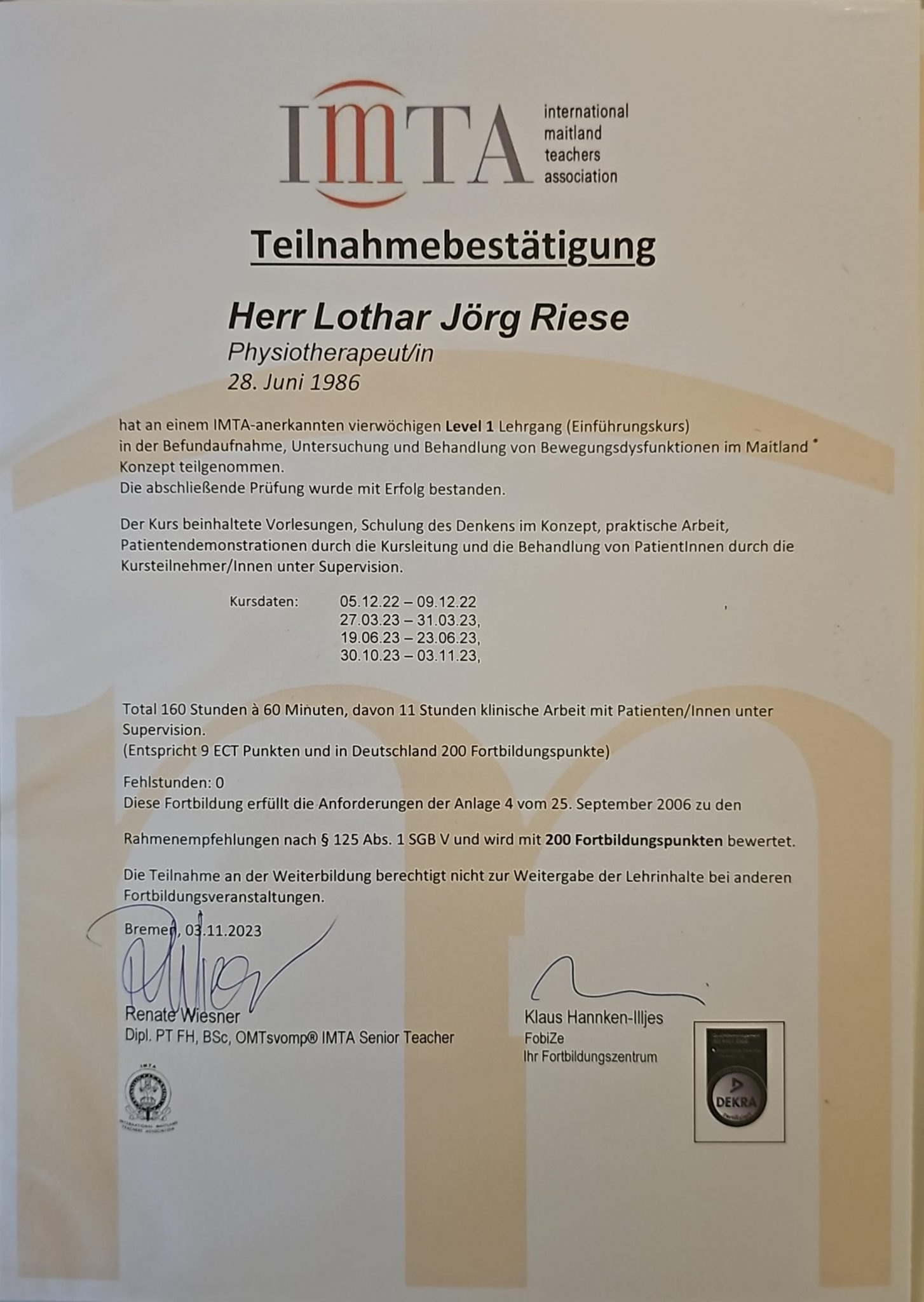 IMTA Maitland-Konzept Level 1 Zertifikat - Manuelle Therapie Qualifikation von Lothar Riese, Bremen 2023