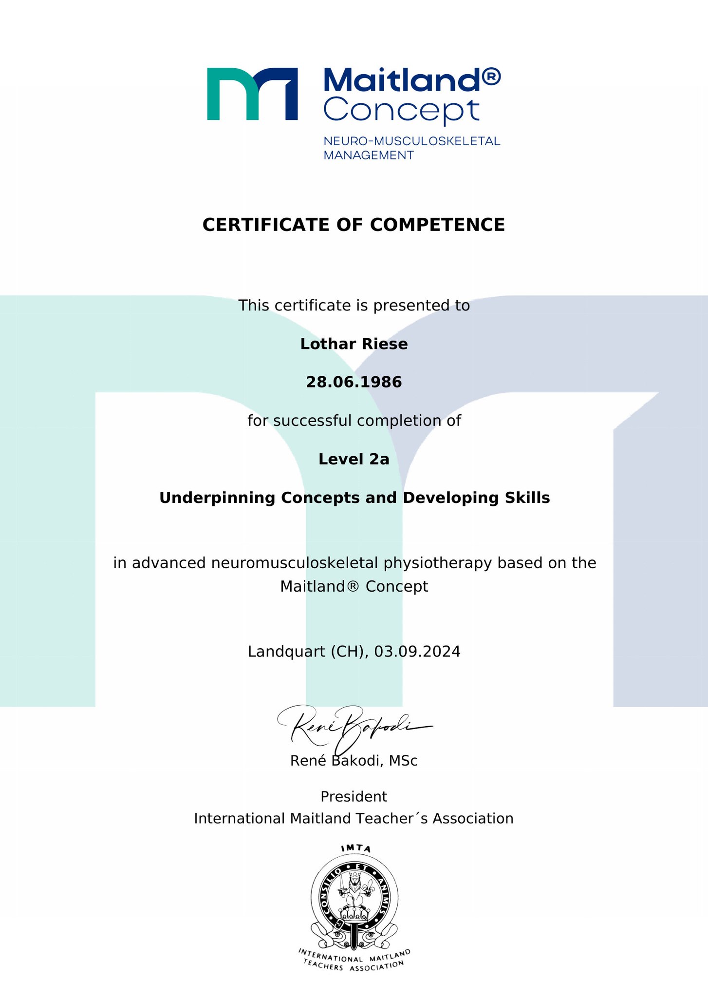 IMTA Maitland-Konzept Level 2a Zertifikat - Manuelle Therapie Qualifikation von Lothar Riese, 2024