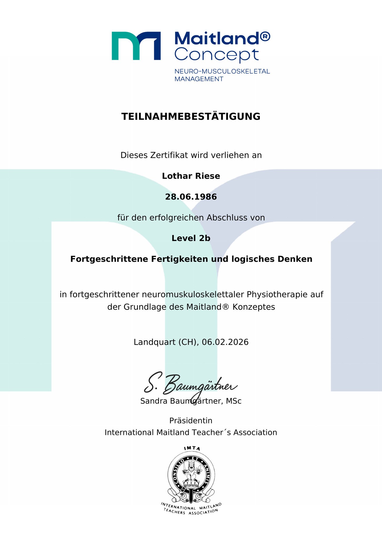 IMTA Maitland-Konzept Level 2b Zertifikat - Manuelle Therapie Qualifikation von Lothar Riese, 2026