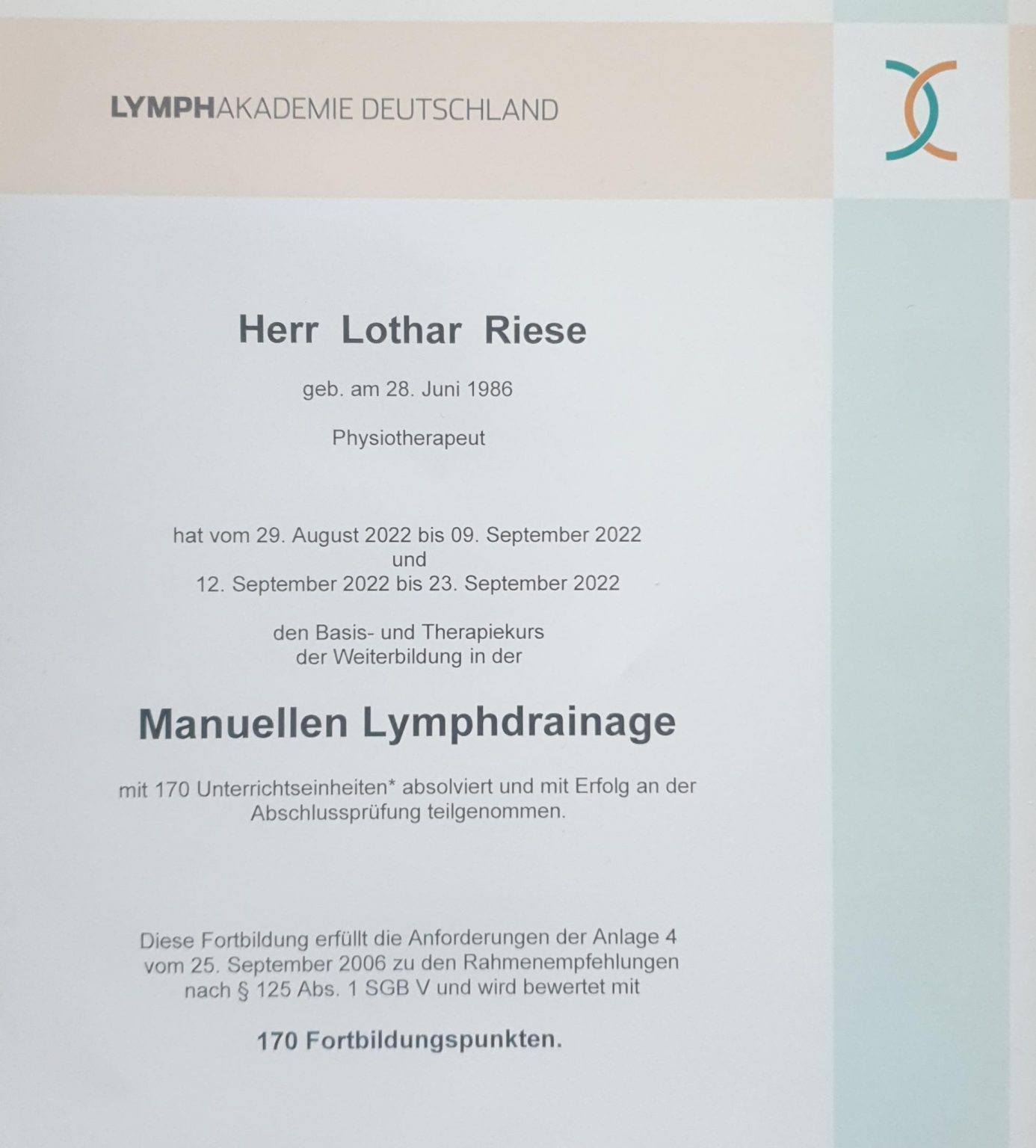 Zertifikat Manuelle Lymphdrainage 170 Stunden - Qualifikation von Lothar Riese, Lymphakademie Deutschland 2022