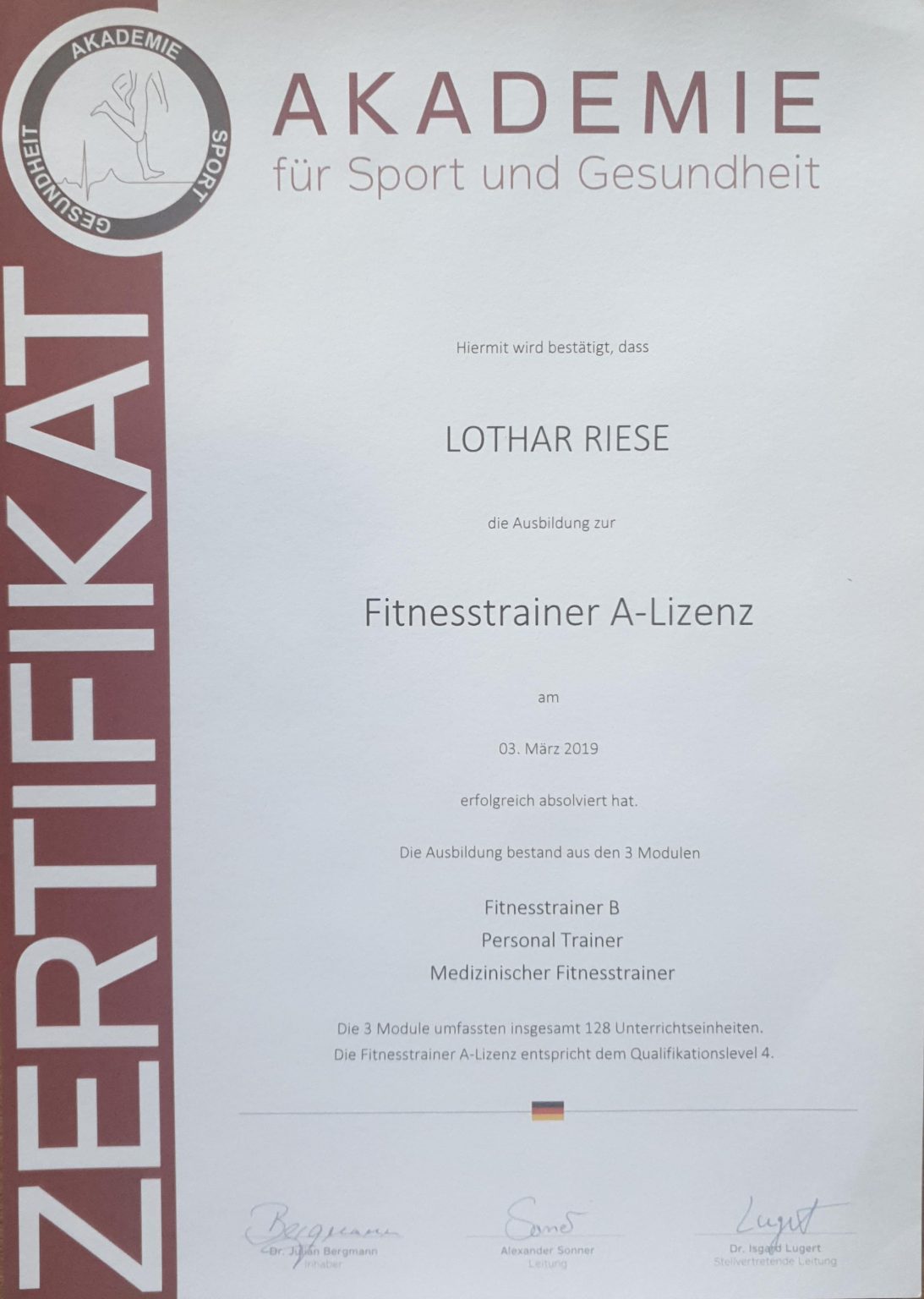 Fitness Trainer A-Lizenz Zertifikat - Akademie für Sport und Gesundheit, ausgestellt März 2019